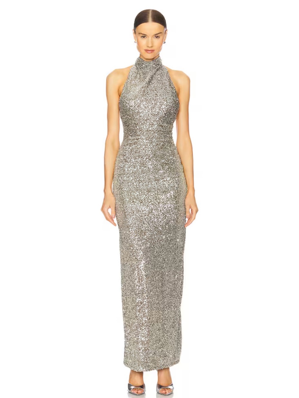 Revolve Lovers and Friends AMES Sequin Gown Dress Metallic Silver XL Halter Top